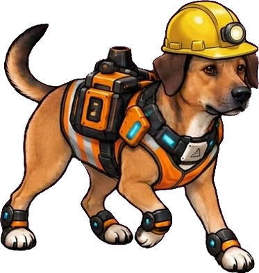 Graham, a tan dog in a yellow hard hat and safety vest