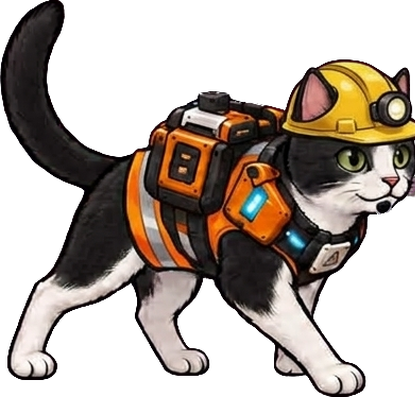 Nori, a black-and-white tuxedo cat in a yellow hard hat