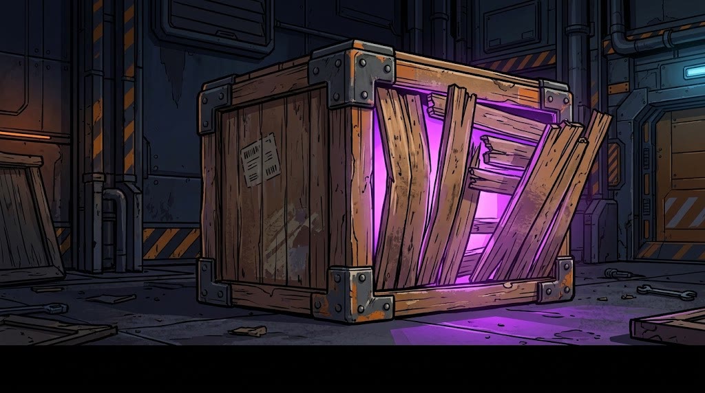 A wooden crate splitting open with purple light inside