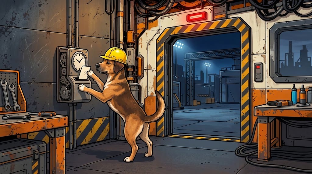 Graham in a hard hat clocking in