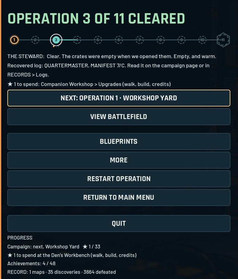 Operation 3 of 11 cleared, the Steward's line and a star to spend